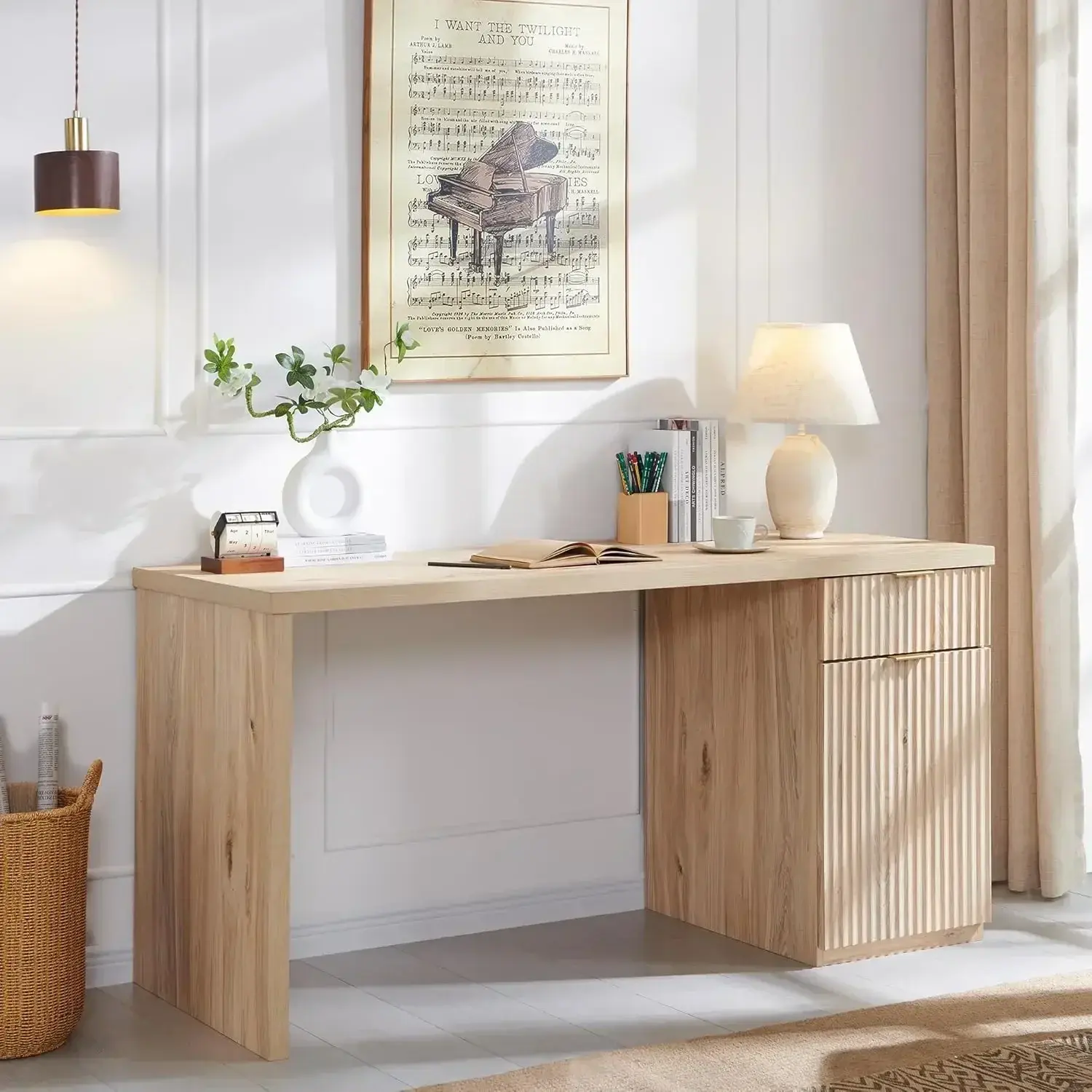 60" Modern Executive Desk with Storage, Wood Home Office Desk with Drawer & Cabinet, Fluted Computer Writing Desk for Study.