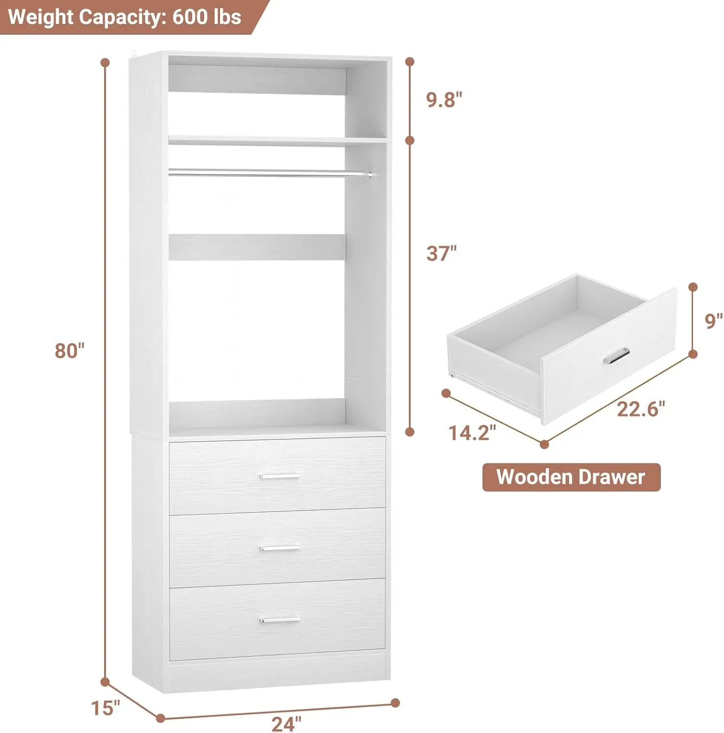 Freestanding 2FT Closet System with 3 Wood Drawers, 24" Closet Organizer System with Hanging Rod & Shelves