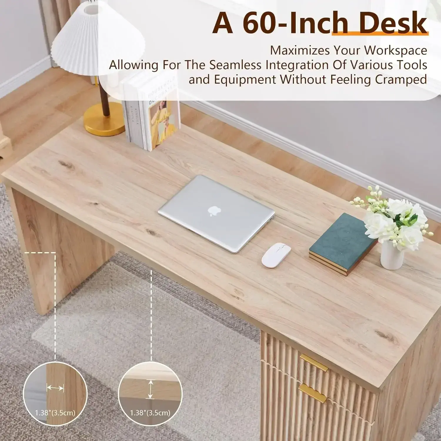60" Modern Executive Desk with Storage, Wood Home Office Desk with Drawer & Cabinet, Fluted Computer Writing Desk for Study.