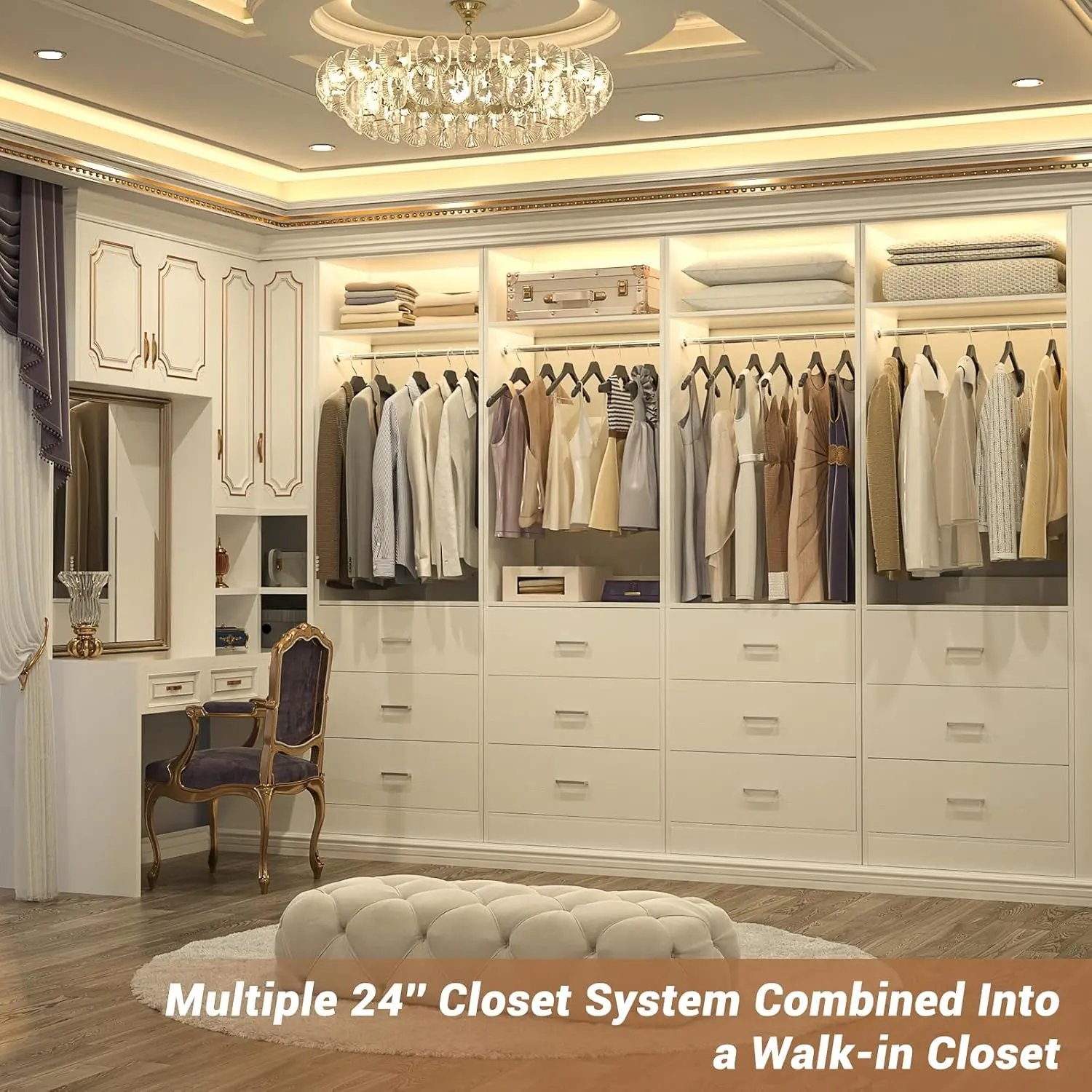 Freestanding 2FT Closet System with 3 Wood Drawers, 24" Closet Organizer System with Hanging Rod & Shelves