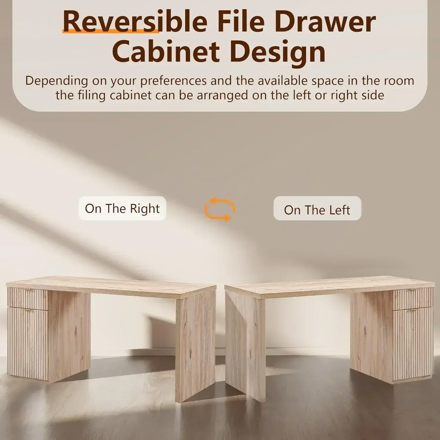 60" Modern Executive Desk with Storage, Wood Home Office Desk with Drawer & Cabinet, Fluted Computer Writing Desk for Study.
