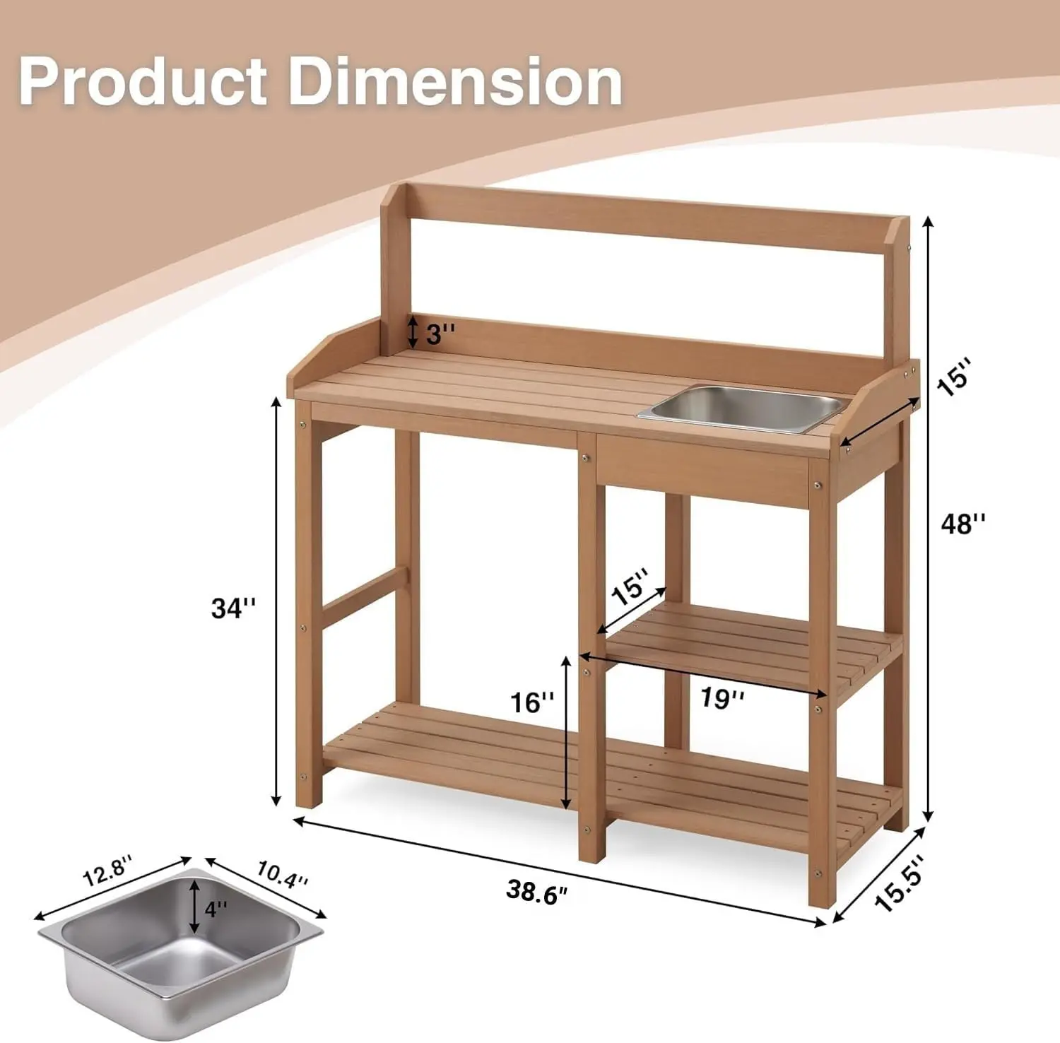 Potting Bench, Poly Lumber Potting Table with Removable Stainless Steel Sink and Open Shelves, All-Weather Garden Work Station