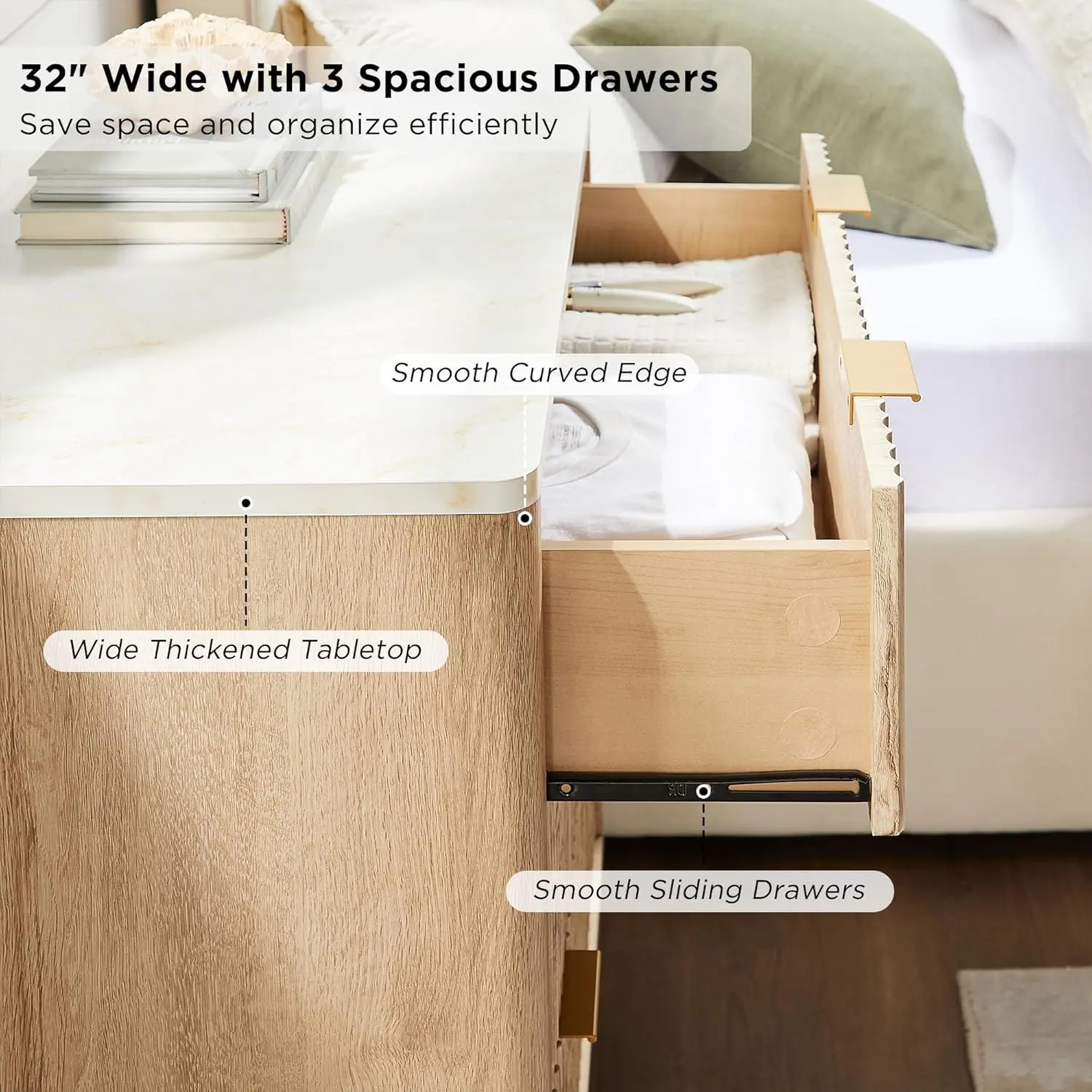 32" Tall Fluted Nightstand Set of 2, Modern Side Table with Faux Marble Top, 3 Drawers End Table w/Storage, BedsideTable