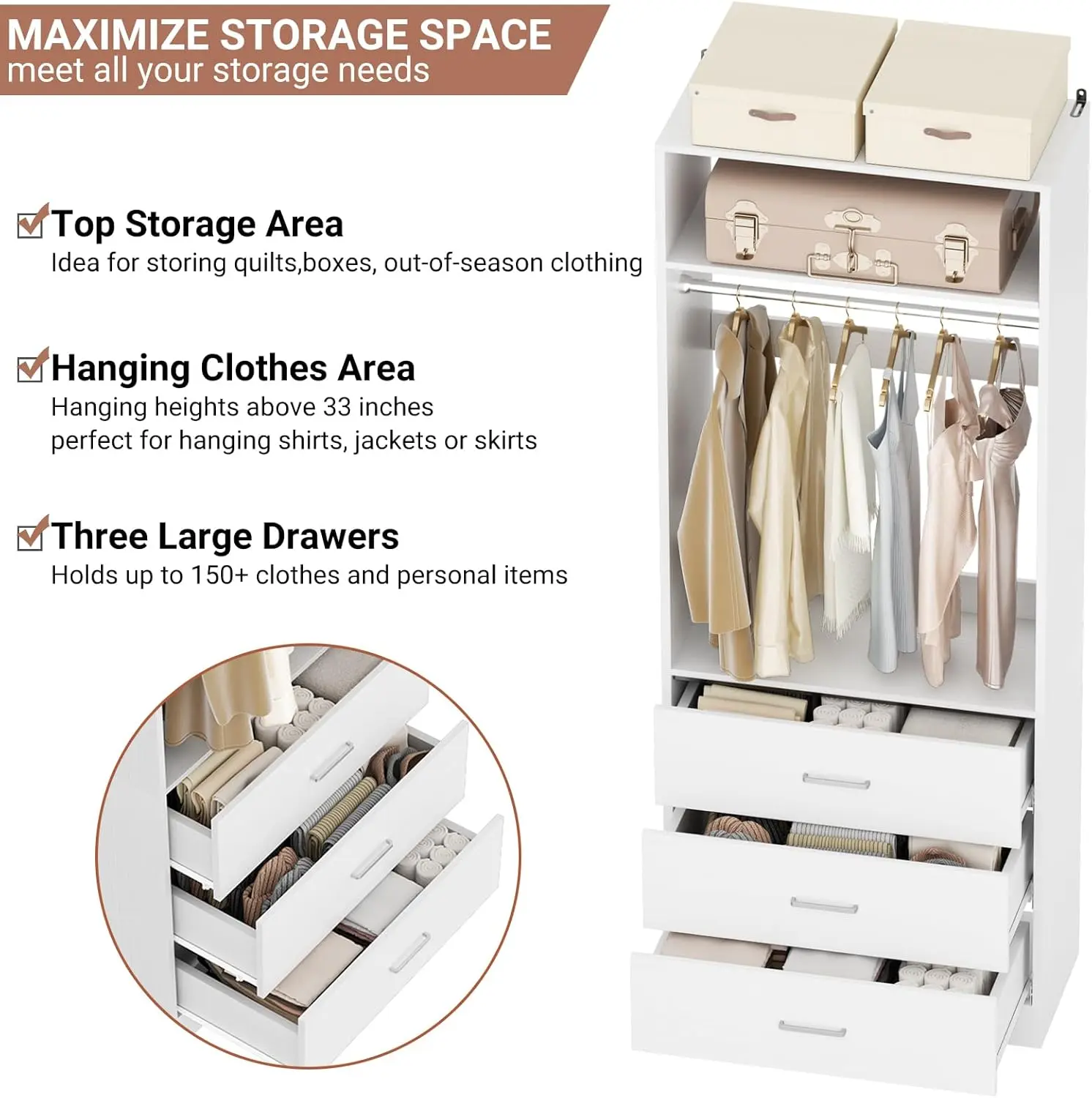 Freestanding 2FT Closet System with 3 Wood Drawers, 24" Closet Organizer System with Hanging Rod & Shelves