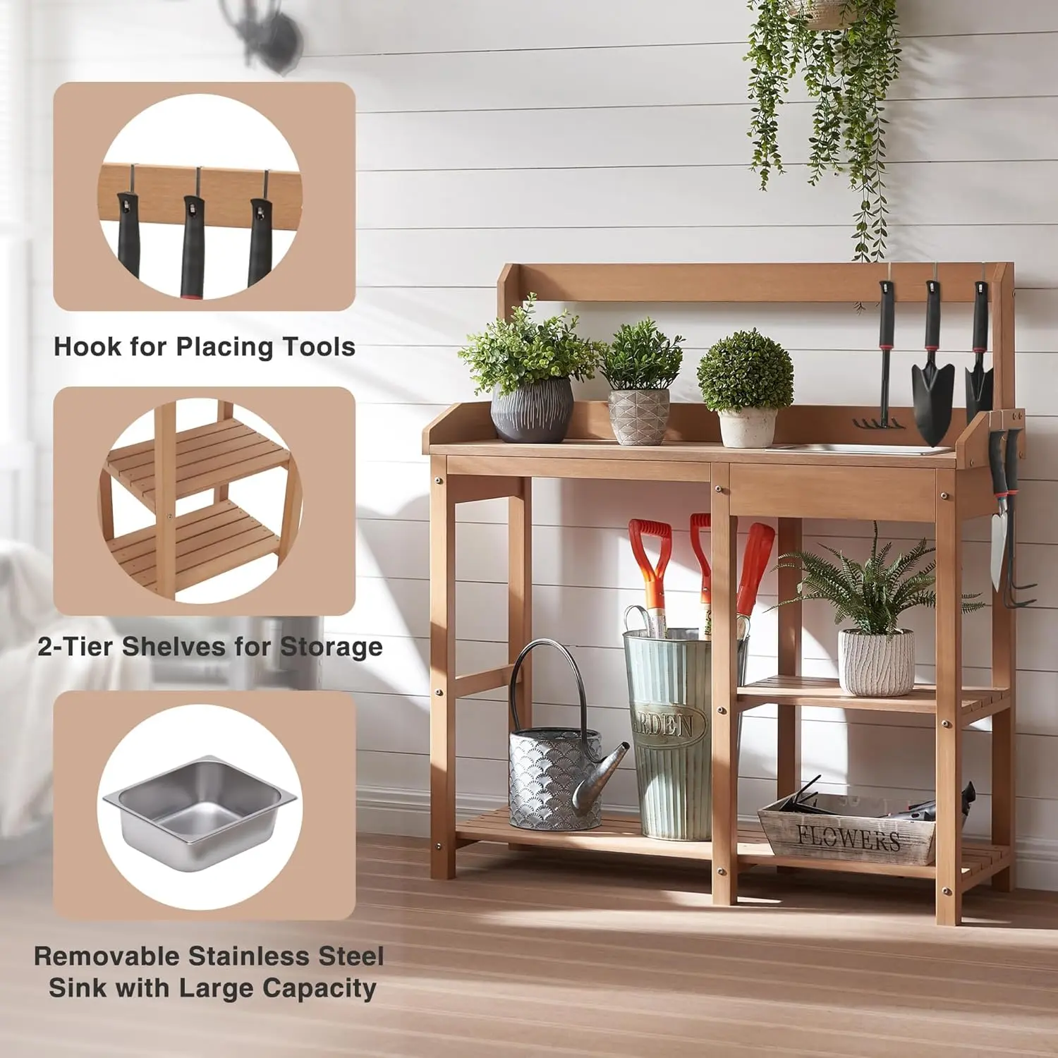 Potting Bench, Poly Lumber Potting Table with Removable Stainless Steel Sink and Open Shelves, All-Weather Garden Work Station