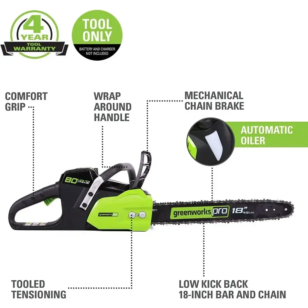 80V 18" Brushless Cordless Chainsaw (Great for Tree Felling, Limbing, Pruning, and Firewood) / 75+ Compatible Tools)