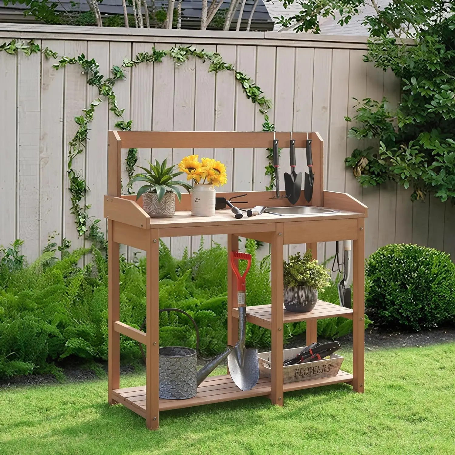 Potting Bench, Poly Lumber Potting Table with Removable Stainless Steel Sink and Open Shelves, All-Weather Garden Work Station
