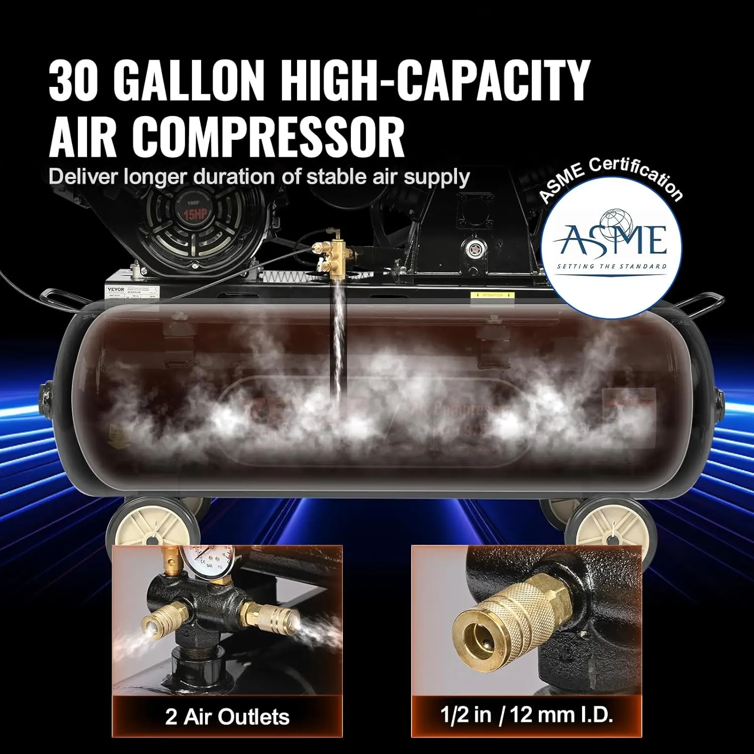 15HP Gas Powered Air Compressor,30 Gallon Horizontal Air Compressor Tank,33CFM@115PSI Gas Driven Piston Pump