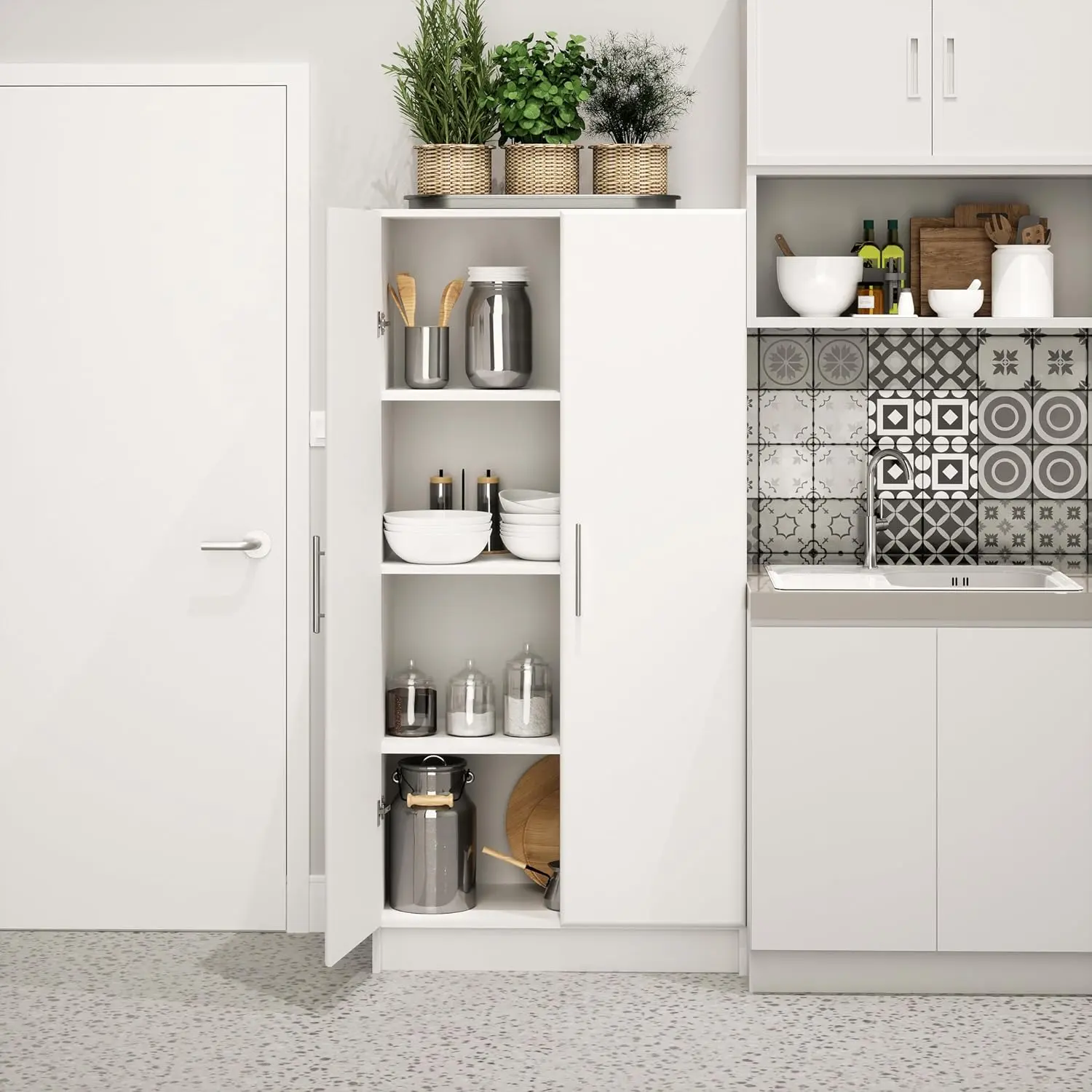 Elite 32" Storage Cabinet, White Storage Cabinet, Bathroom Cabinet, Pantry Cabinet with 3 Shelves 16" D x 32" W x 65" H.