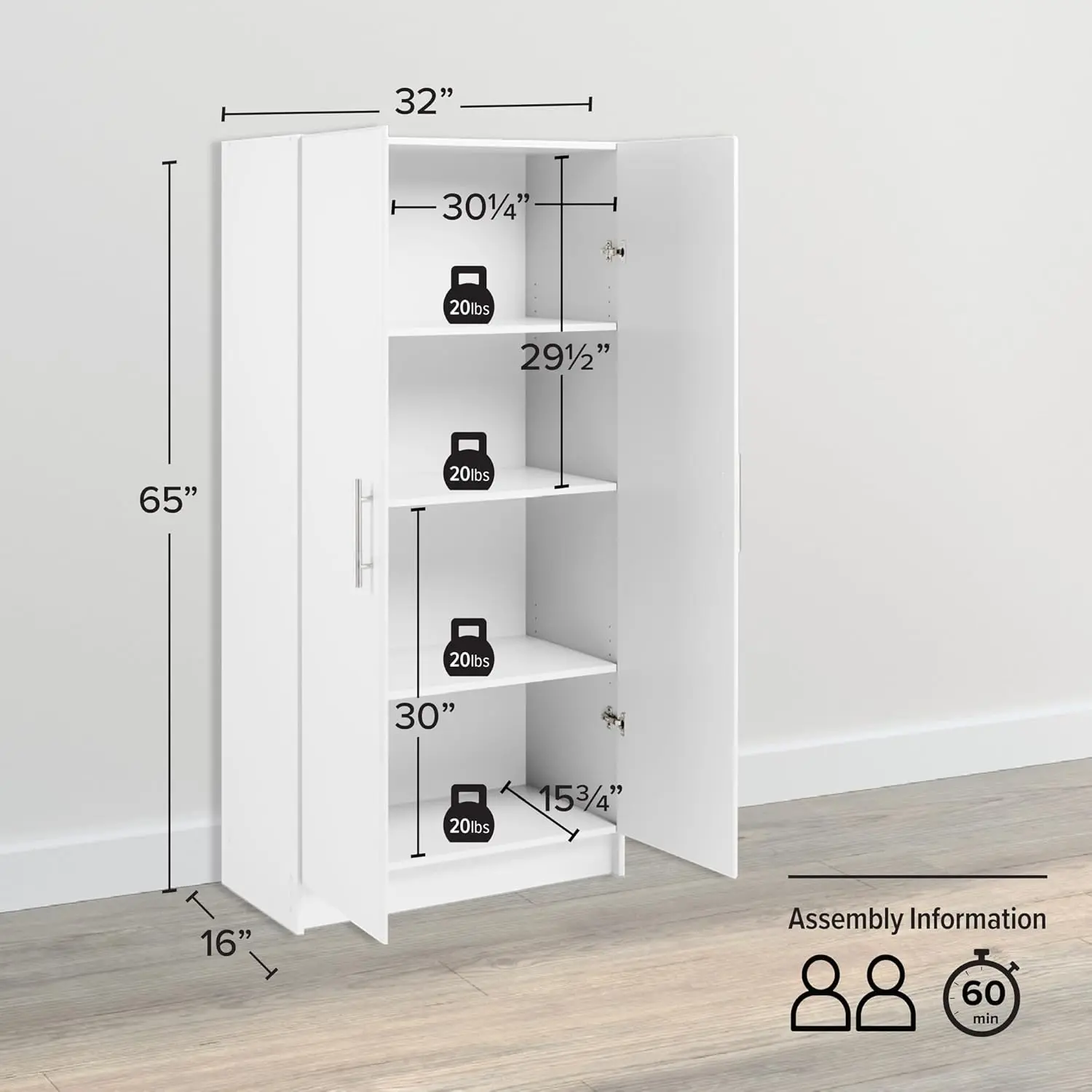 Elite 32" Storage Cabinet, White Storage Cabinet, Bathroom Cabinet, Pantry Cabinet with 3 Shelves 16" D x 32" W x 65" H.