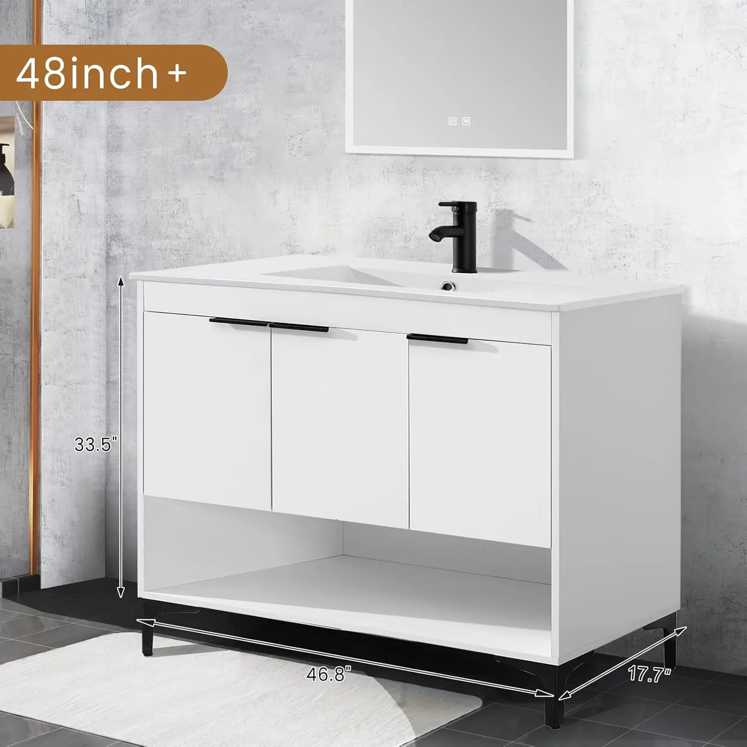 48 Inch Bathroom Vanity with Ceramic Sink, Storage Bathroom Organizer Cabinet & Soft Closing Doors White Cabinet