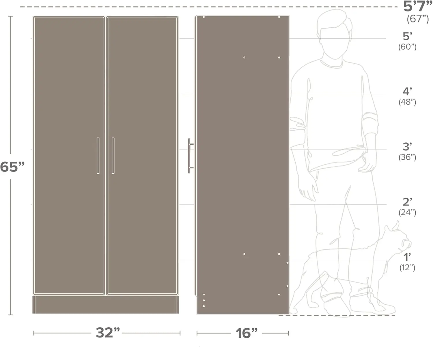 Elite 32" Storage Cabinet, White Storage Cabinet, Bathroom Cabinet, Pantry Cabinet with 3 Shelves 16" D x 32" W x 65" H.