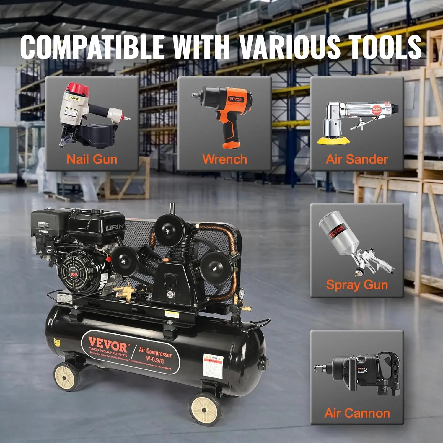 15HP Gas Powered Air Compressor,30 Gallon Horizontal Air Compressor Tank,33CFM@115PSI Gas Driven Piston Pump