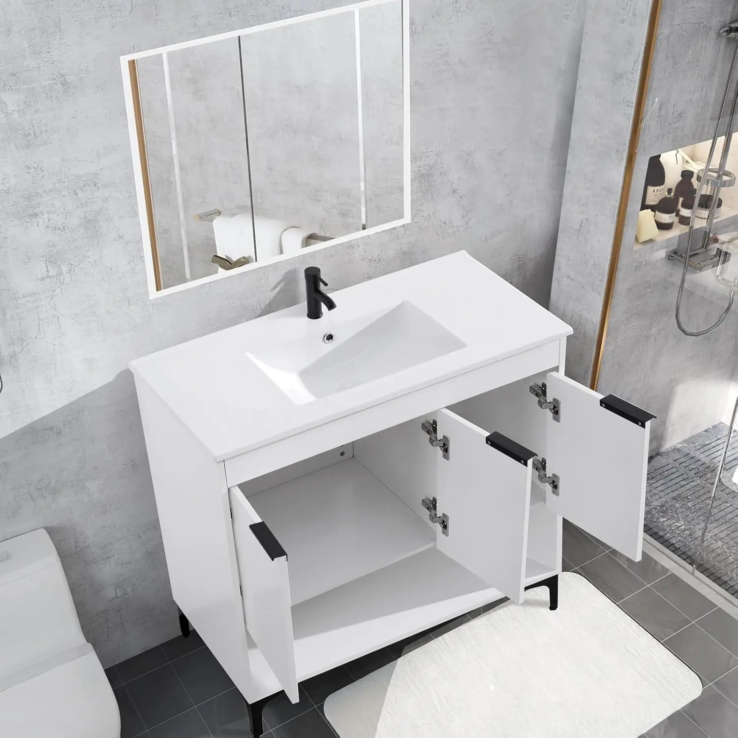 48 Inch Bathroom Vanity with Ceramic Sink, Storage Bathroom Organizer Cabinet & Soft Closing Doors White Cabinet