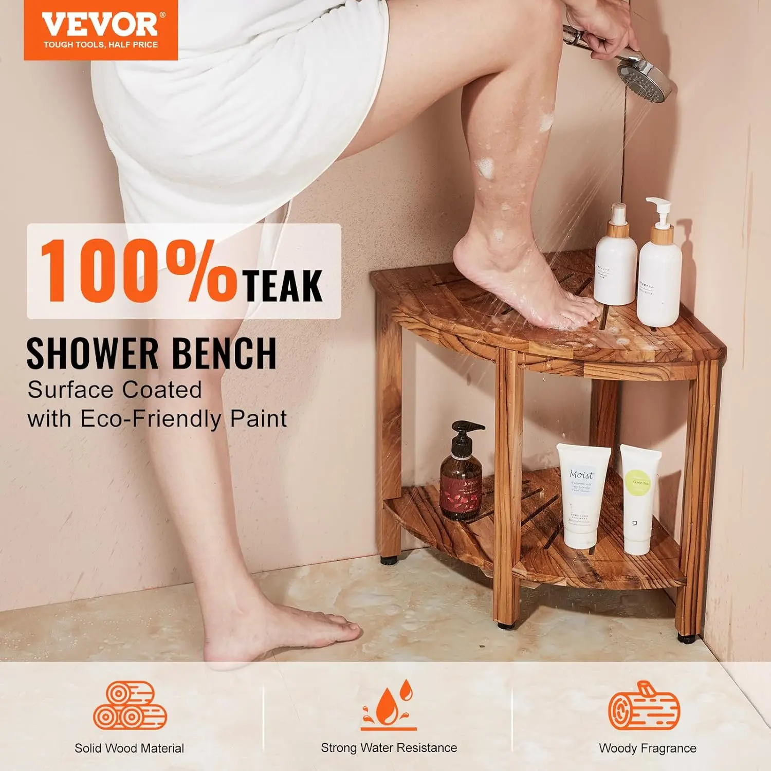 Corner Teak Shower Bench,18.5" Height 15.5" Radius,100% Teak Wood Corner Shower Beach,Mold-Resistant, 500 LBS with Storage Stool