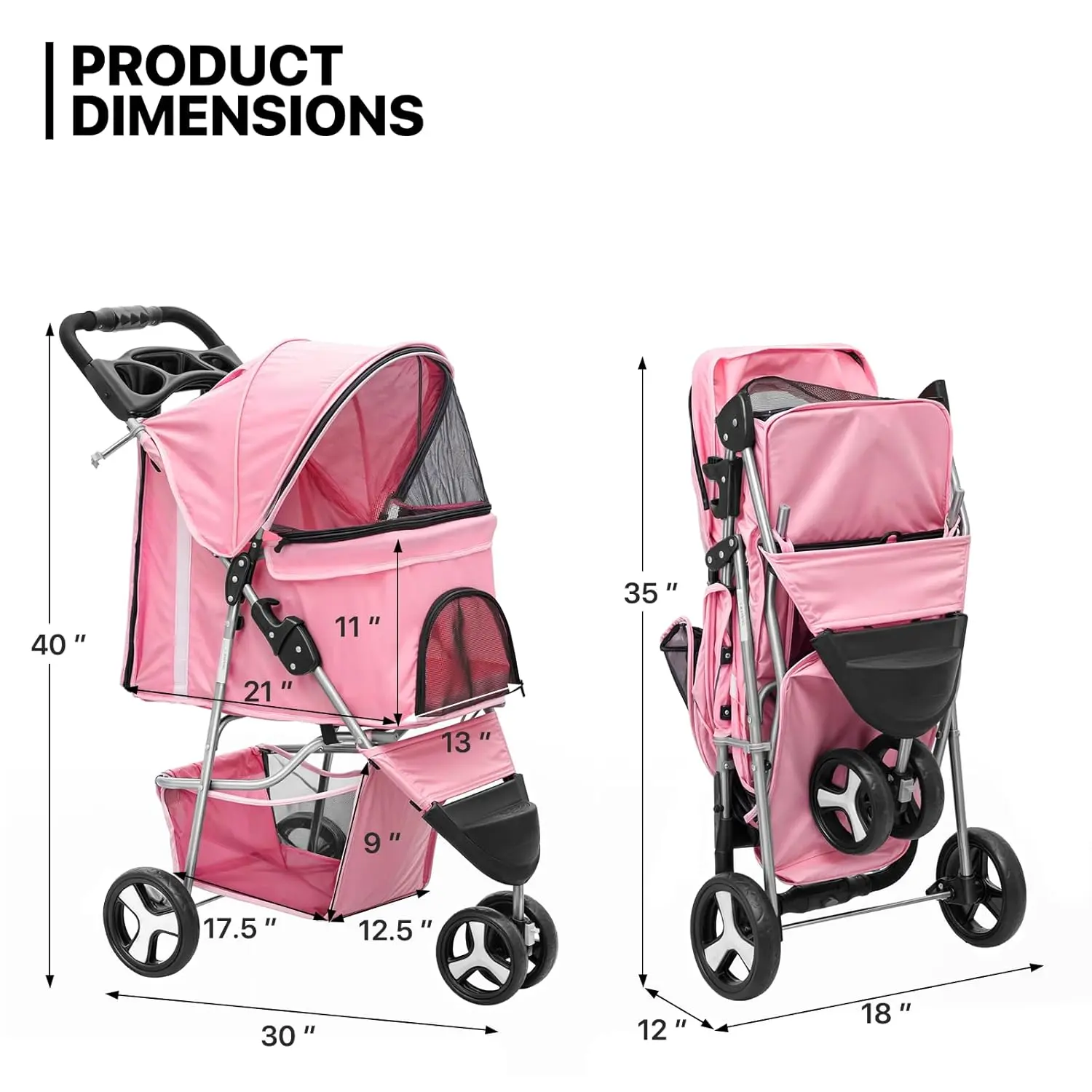 3-Wheels Foldable Pet Stroller with Waterproof Cover, Pet Strolling Cart for Small/Medium Dogs and Cats with Storage Basket