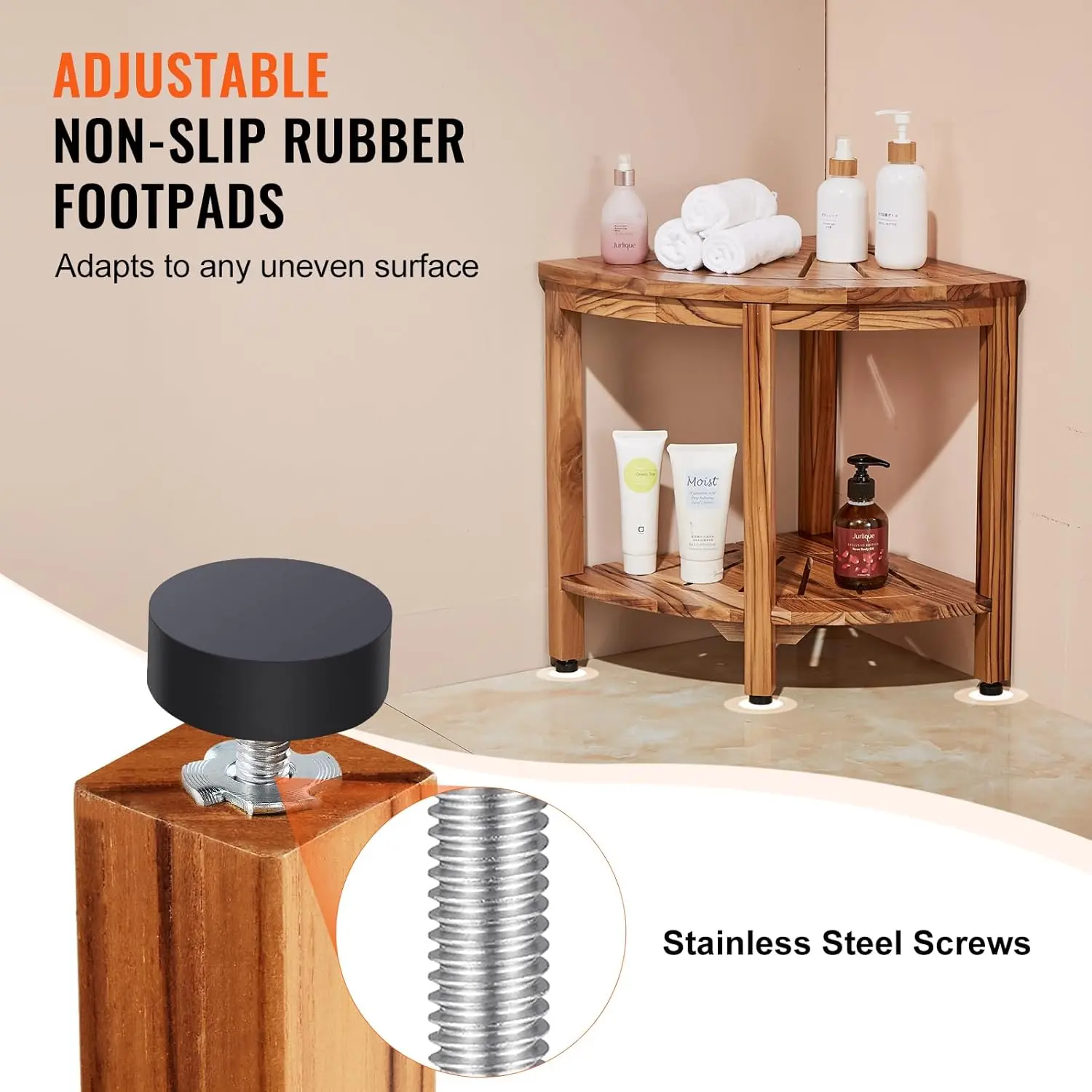 Corner Teak Shower Bench,18.5" Height 15.5" Radius,100% Teak Wood Corner Shower Beach,Mold-Resistant, 500 LBS with Storage Stool