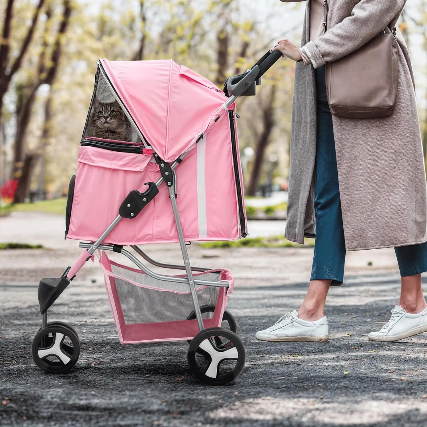3-Wheels Foldable Pet Stroller with Waterproof Cover, Pet Strolling Cart for Small/Medium Dogs and Cats with Storage Basket