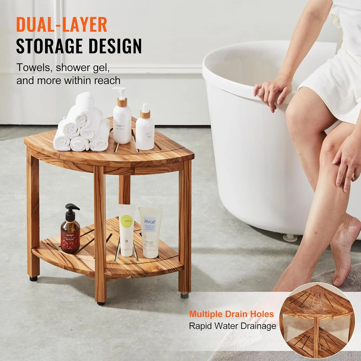 Corner Teak Shower Bench,18.5" Height 15.5" Radius,100% Teak Wood Corner Shower Beach,Mold-Resistant, 500 LBS with Storage Stool