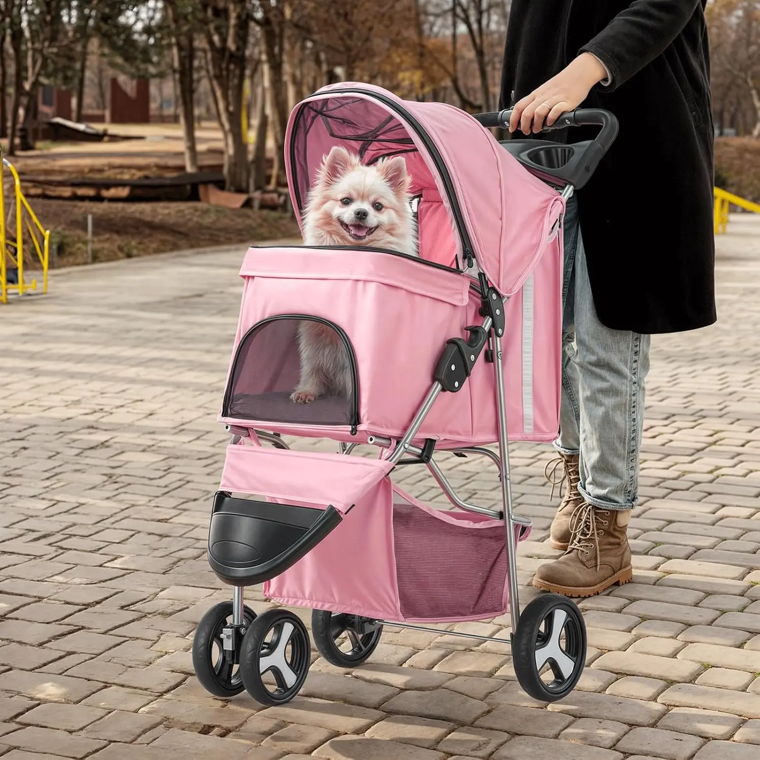 3-Wheels Foldable Pet Stroller with Waterproof Cover, Pet Strolling Cart for Small/Medium Dogs and Cats with Storage Basket