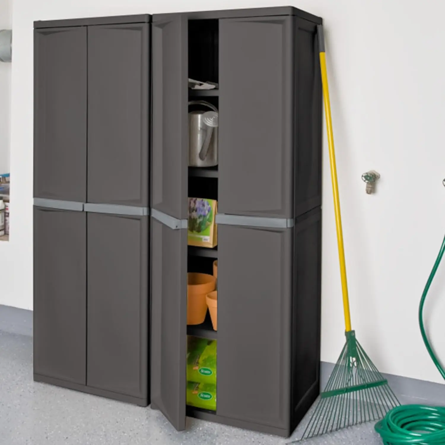Storage Cabinet, Rugged Plastic Garage Organizer with Double Doors, 4 Adjustable Shelves, Gray