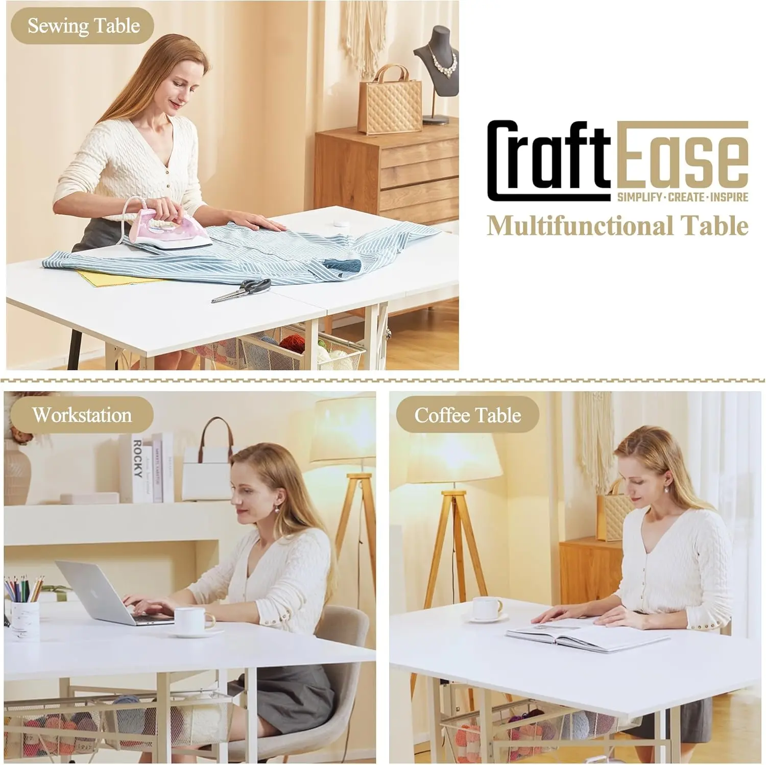 Home Hobby Cutting Table 59" W x 36" D, Height Adjustable Craft Table with 2 Drawers and Storage Shelf