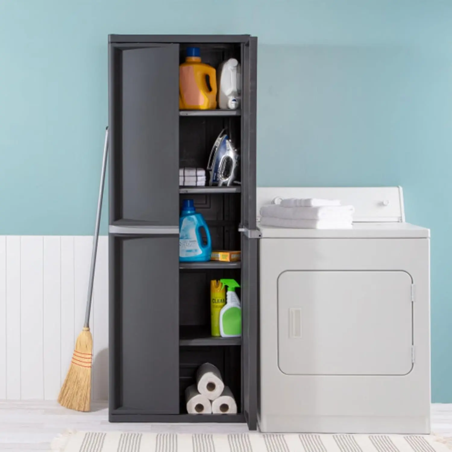 Storage Cabinet, Rugged Plastic Garage Organizer with Double Doors, 4 Adjustable Shelves, Gray