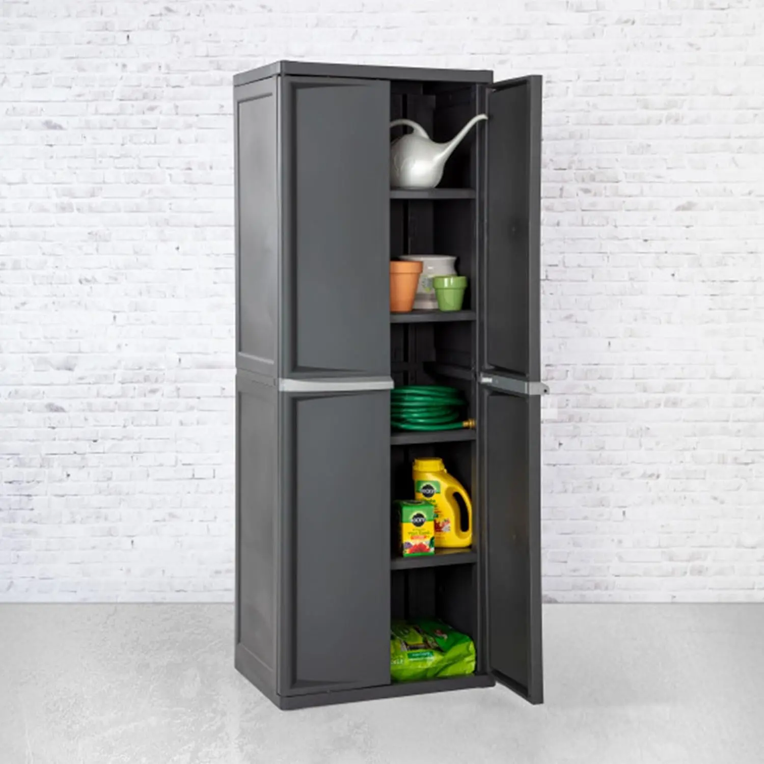 Storage Cabinet, Rugged Plastic Garage Organizer with Double Doors, 4 Adjustable Shelves, Gray