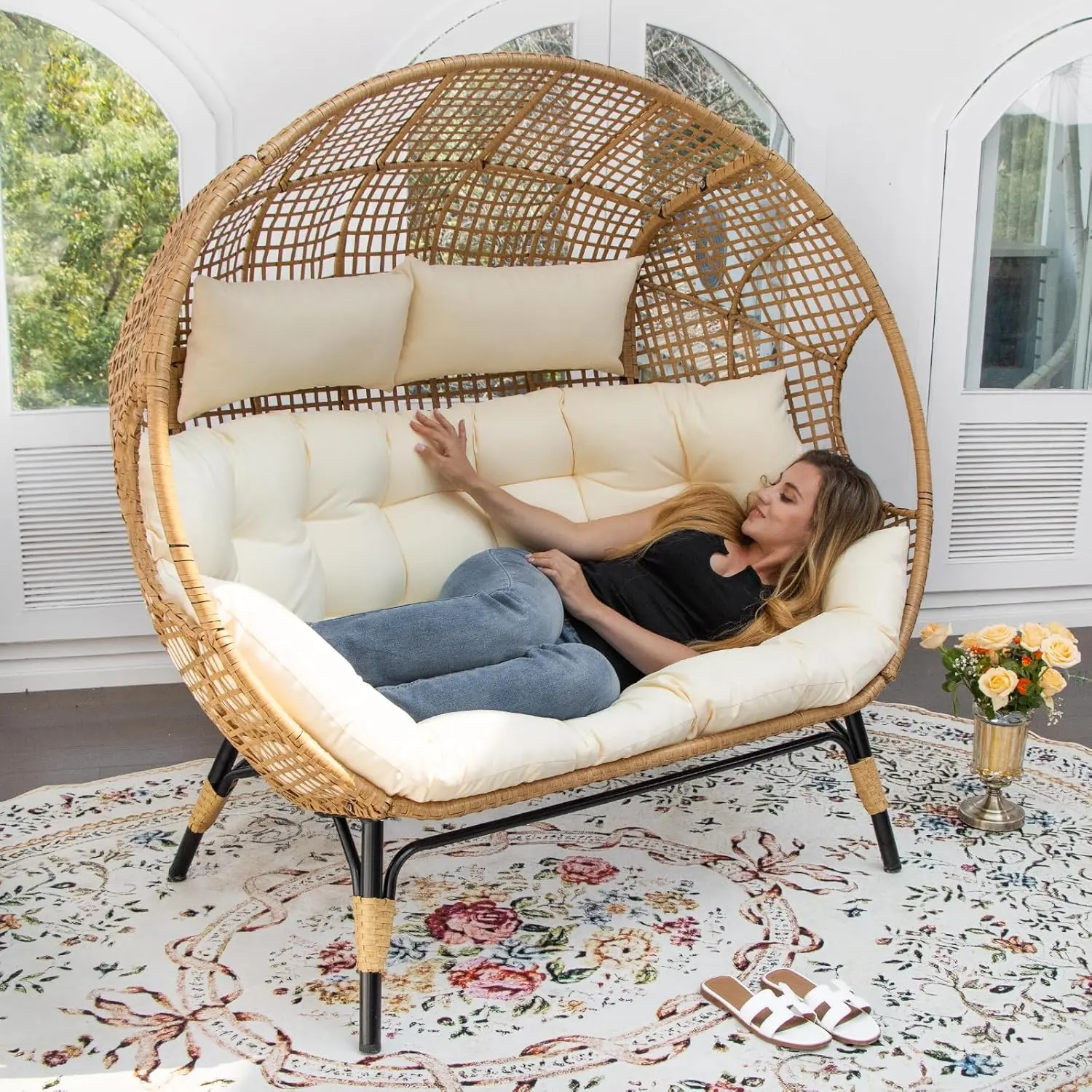 Double Egg Chair Indoor Outdoor Stationary Oversized Thicken Padded Cushions,2 Person Egg Loveseat Chair