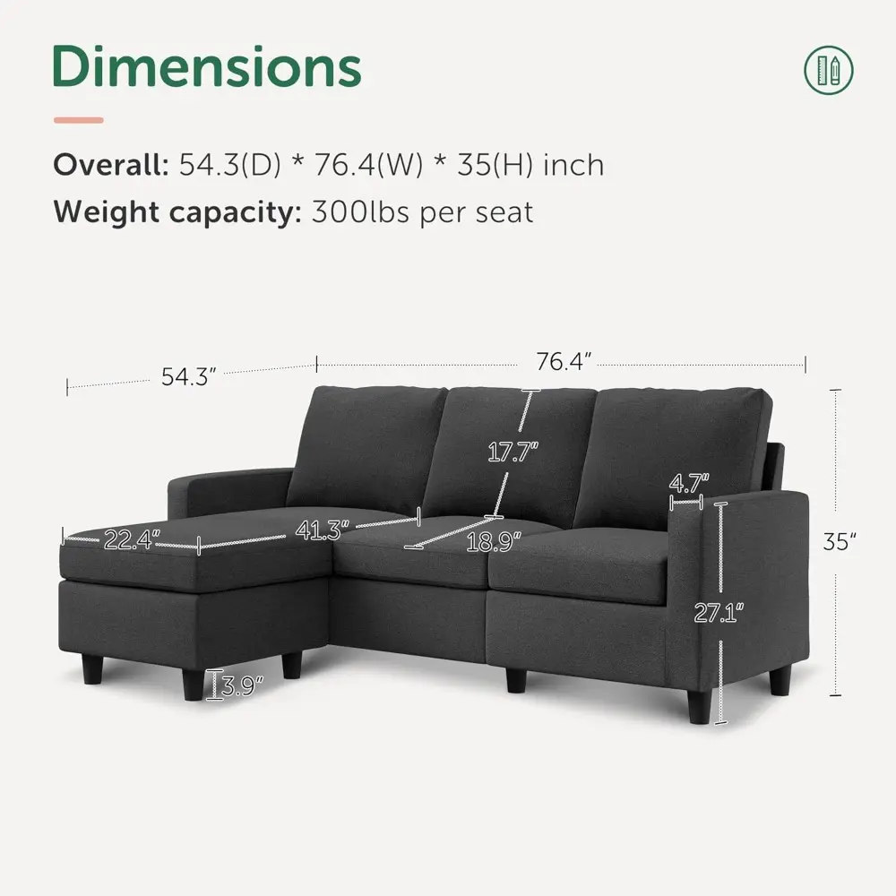 convertible sectional sofa, l shaped couch with reversible chaise for small space, black