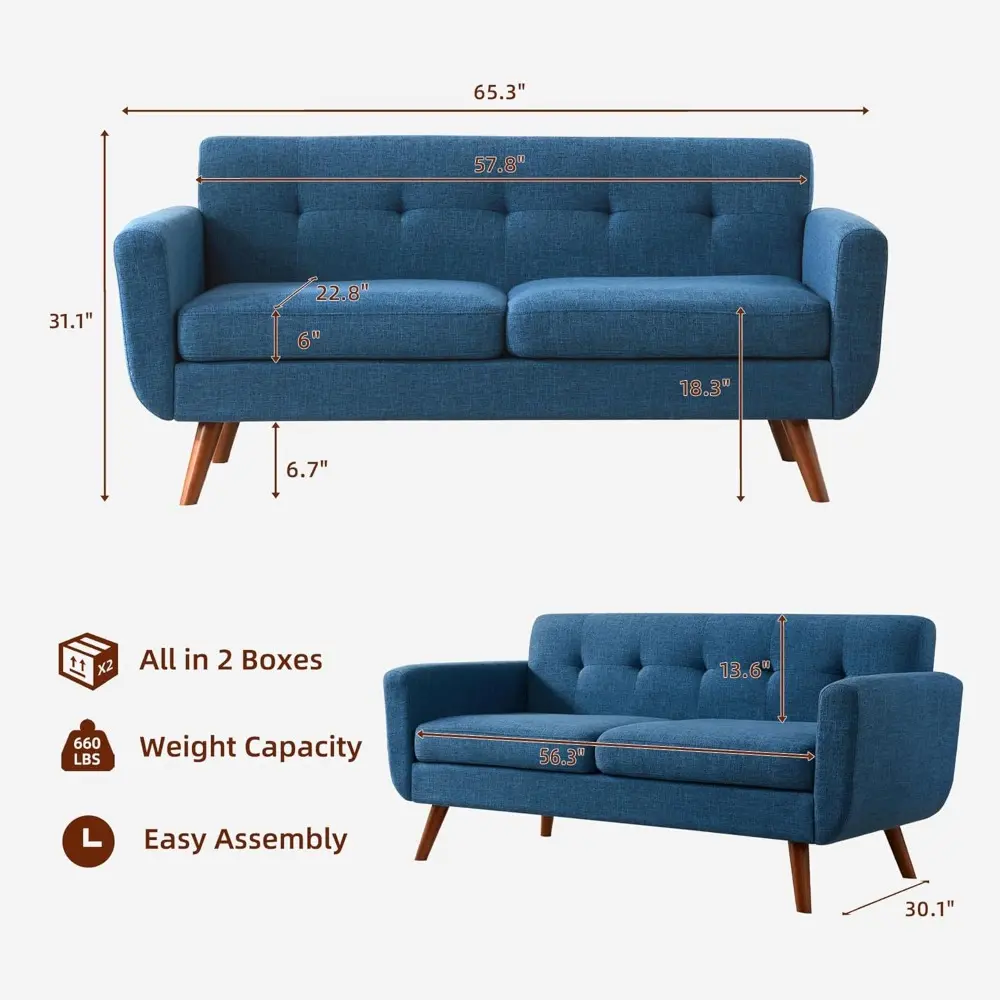 65" w loveseat sofa with ottoman coffee table, mid century modern love seat couches for living room, button tufted upholstered