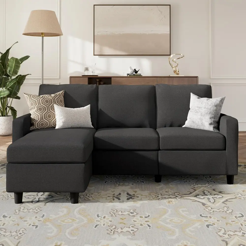 convertible sectional sofa, l shaped couch with reversible chaise for small space, black