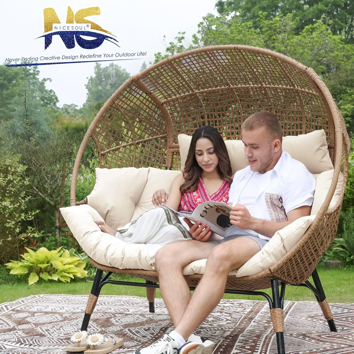 Double Egg Chair Indoor Outdoor Stationary Oversized Thicken Padded Cushions,2 Person Egg Loveseat Chair