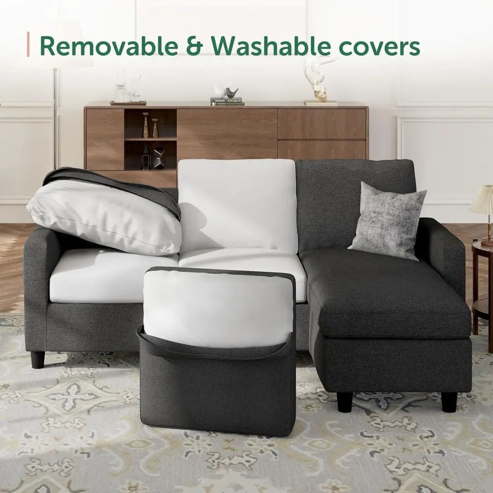 convertible sectional sofa, l shaped couch with reversible chaise for small space, black