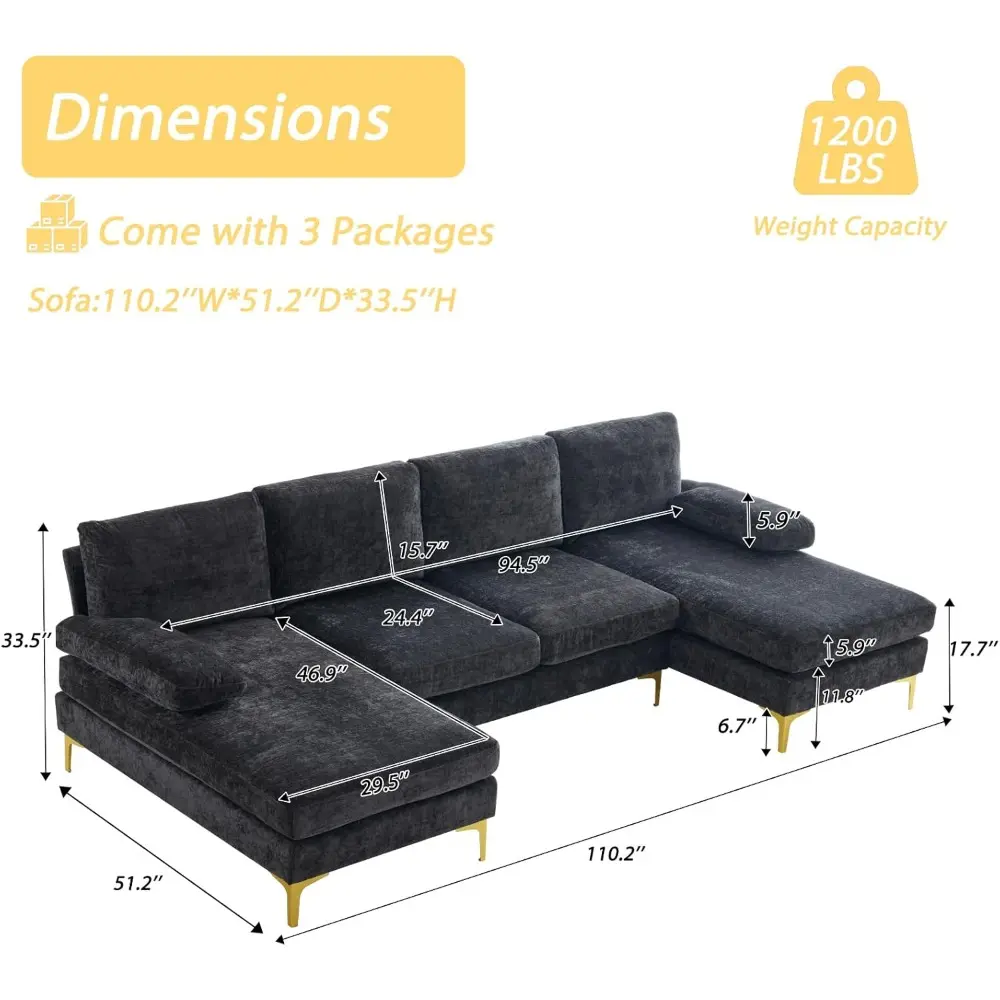 convertible sectional sofa 110" u-shape sofa couch 4-seat couch with chaise chenillefabric upholstered for living room, apartme
