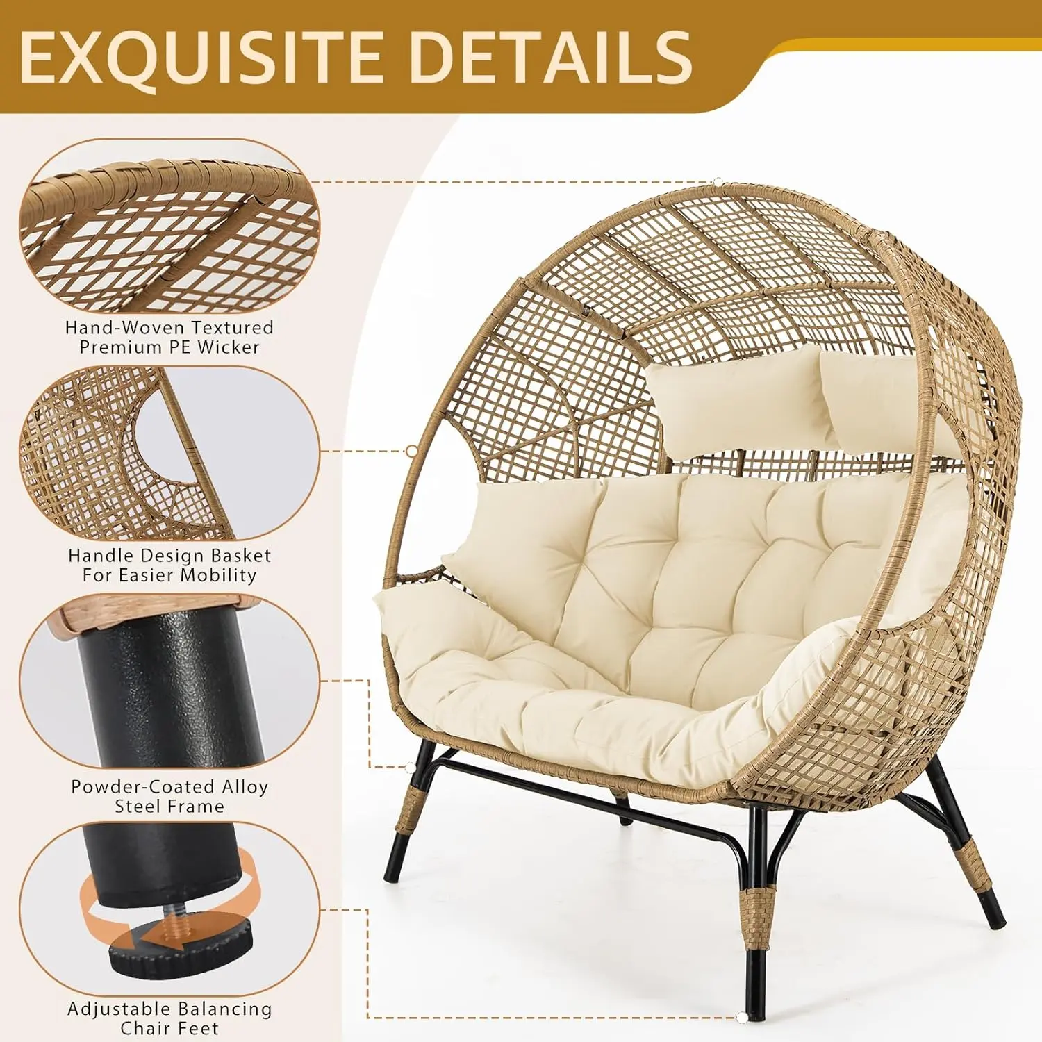 Double Egg Chair Indoor Outdoor Stationary Oversized Thicken Padded Cushions,2 Person Egg Loveseat Chair
