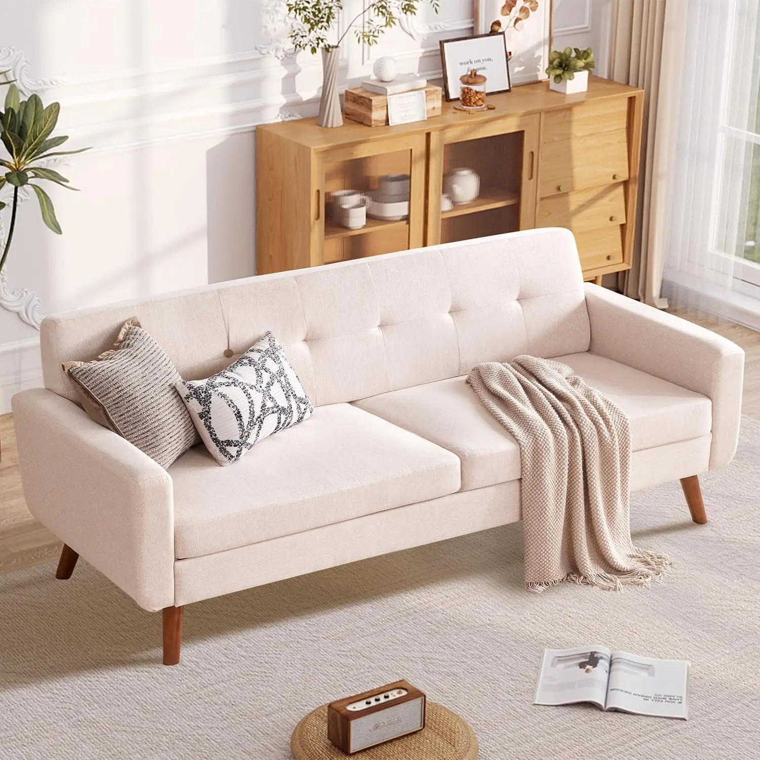 65" w loveseat sofa with ottoman coffee table, mid century modern love seat couches for living room, button tufted upholstered