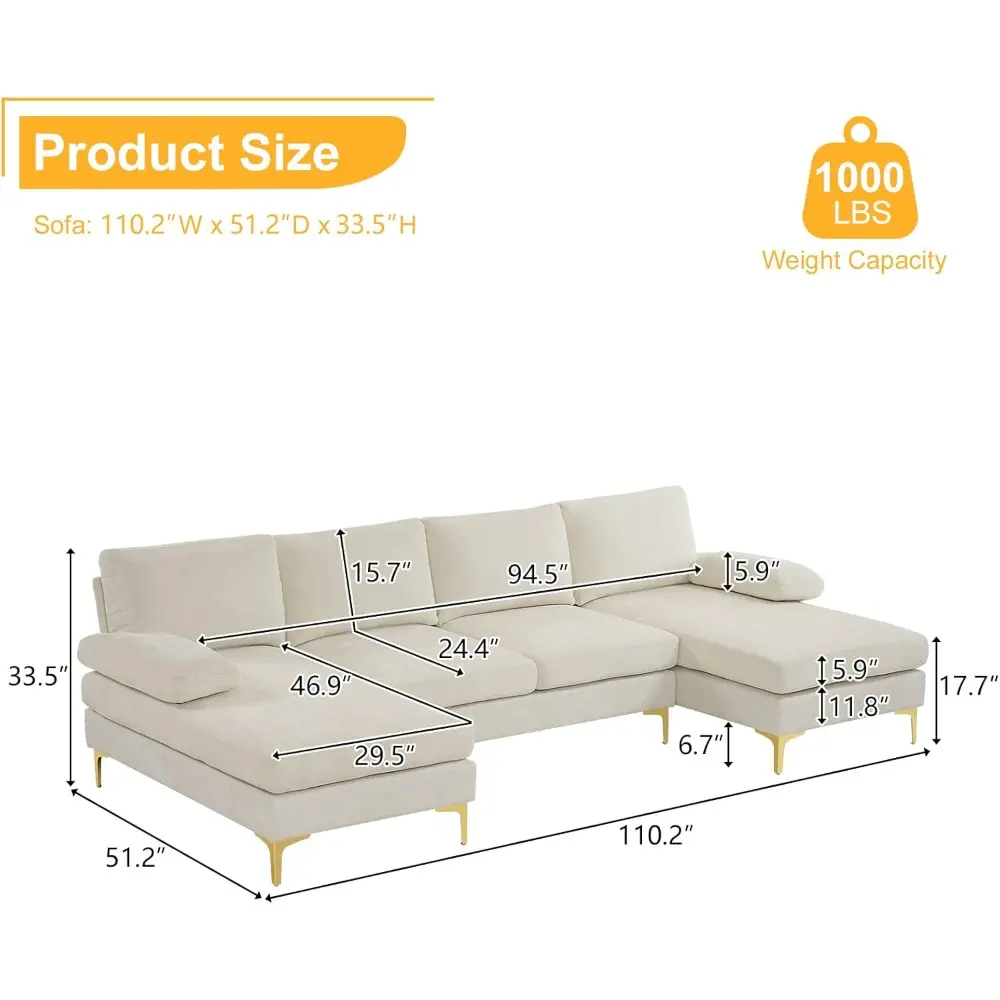 convertible sectional sofa 110" u-shape sofa couch 4-seat couch with chaise chenillefabric upholstered for living room, apartme
