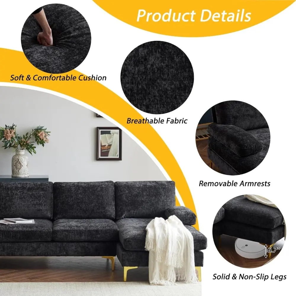 convertible sectional sofa 110" u-shape sofa couch 4-seat couch with chaise chenillefabric upholstered for living room, apartme