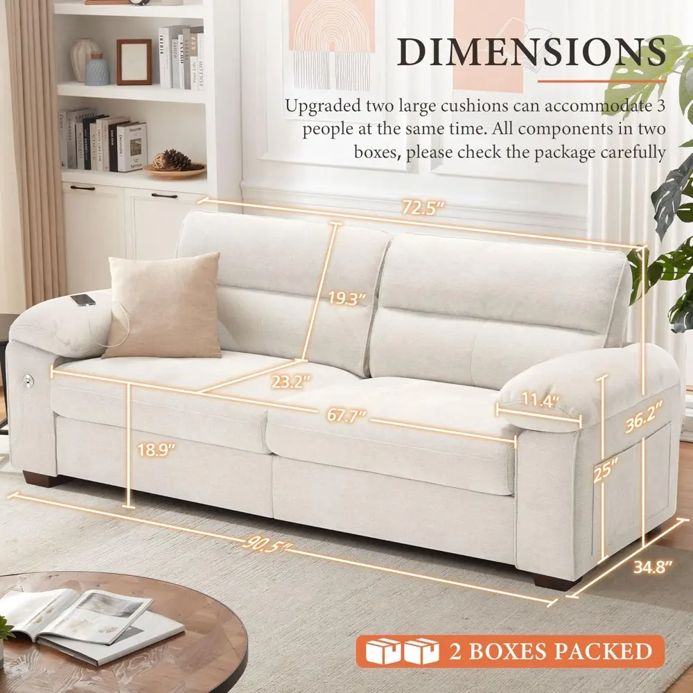 90.5" modern sofa 2-seater couch for living room, chenille pillow-armrest with extra large seat width, usb/type-c charging port