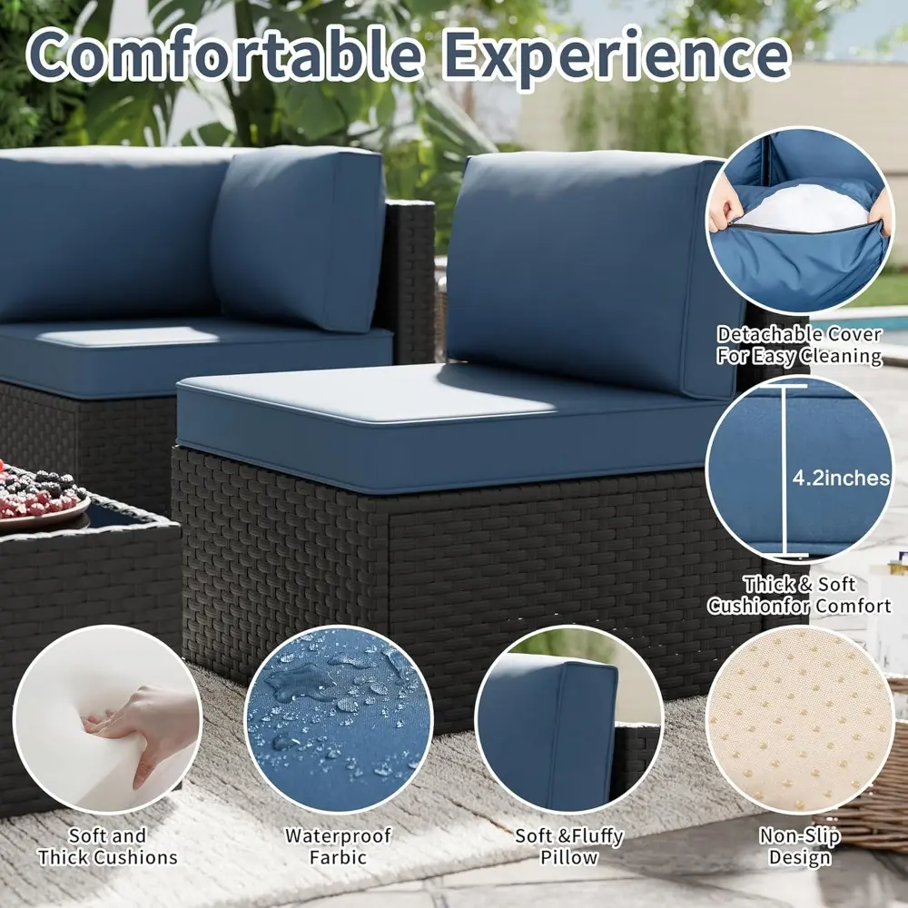 5pcs patio outdoor furniture sets conversation set,low back all-weather rattan sectional sofa with tea table&washable couch cus