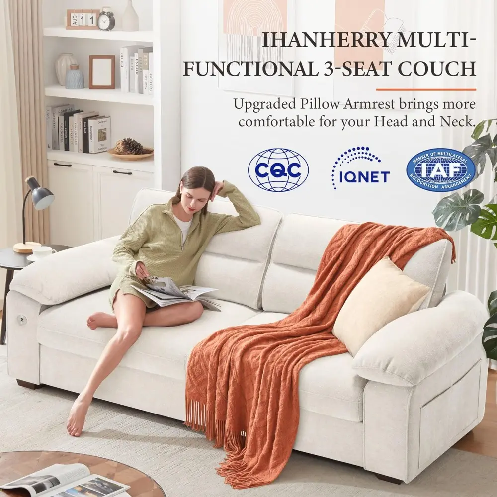 90.5" modern sofa 2-seater couch for living room, chenille pillow-armrest with extra large seat width, usb/type-c charging port