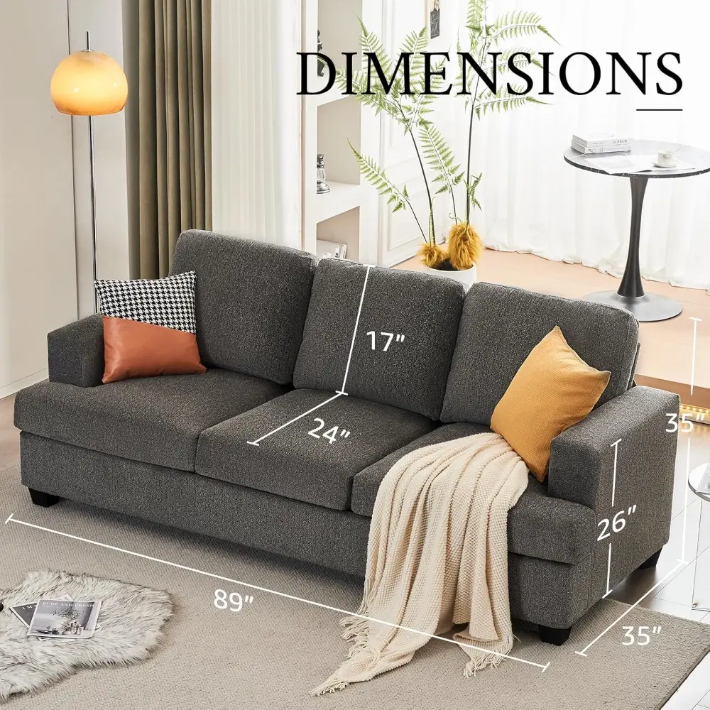 89 inch sofa, 3 seater sofa with extra deep seats, modern couch- comfy couch for living room apartment lounge, grey chenille