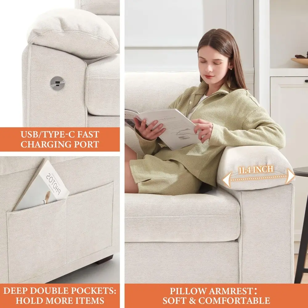 90.5" modern sofa 2-seater couch for living room, chenille pillow-armrest with extra large seat width, usb/type-c charging port