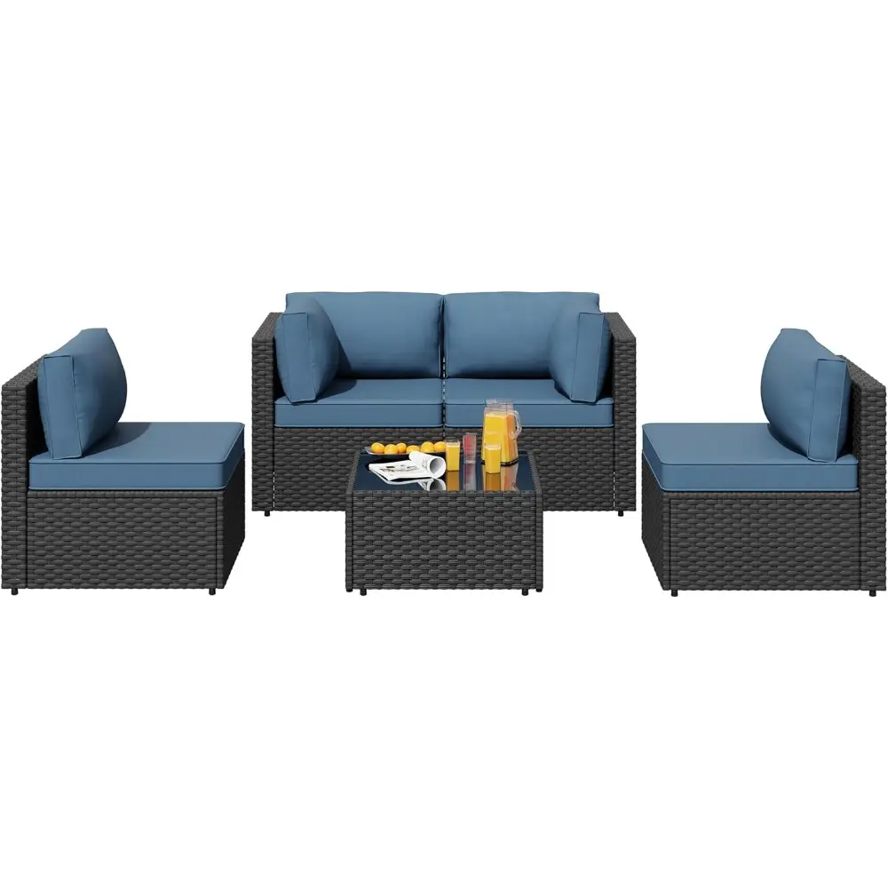 5pcs patio outdoor furniture sets conversation set,low back all-weather rattan sectional sofa with tea table&washable couch cus