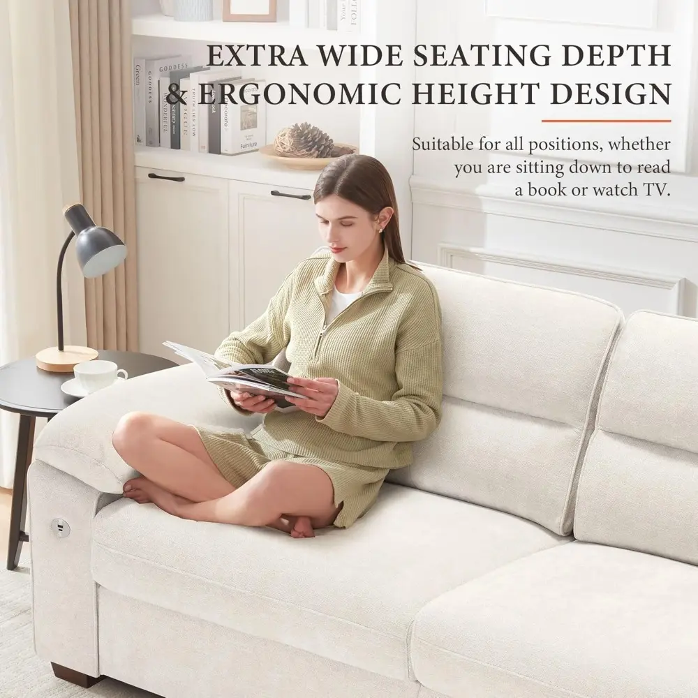 90.5" modern sofa 2-seater couch for living room, chenille pillow-armrest with extra large seat width, usb/type-c charging port