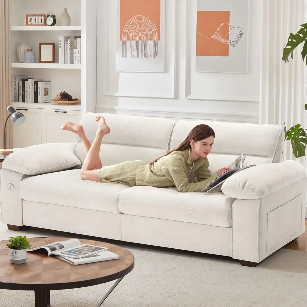 90.5" modern sofa 2-seater couch for living room, chenille pillow-armrest with extra large seat width, usb/type-c charging port