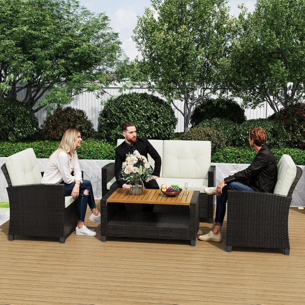 patio conversation sets, outdoor wicker furniture set, 4 pieces all weather contemporary grey rattan sofa with coffee table and