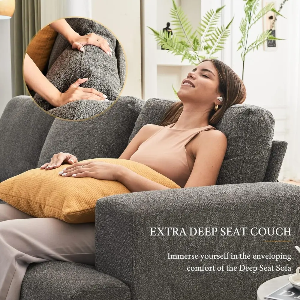89 inch sofa, 3 seater sofa with extra deep seats, modern couch- comfy couch for living room apartment lounge, grey chenille