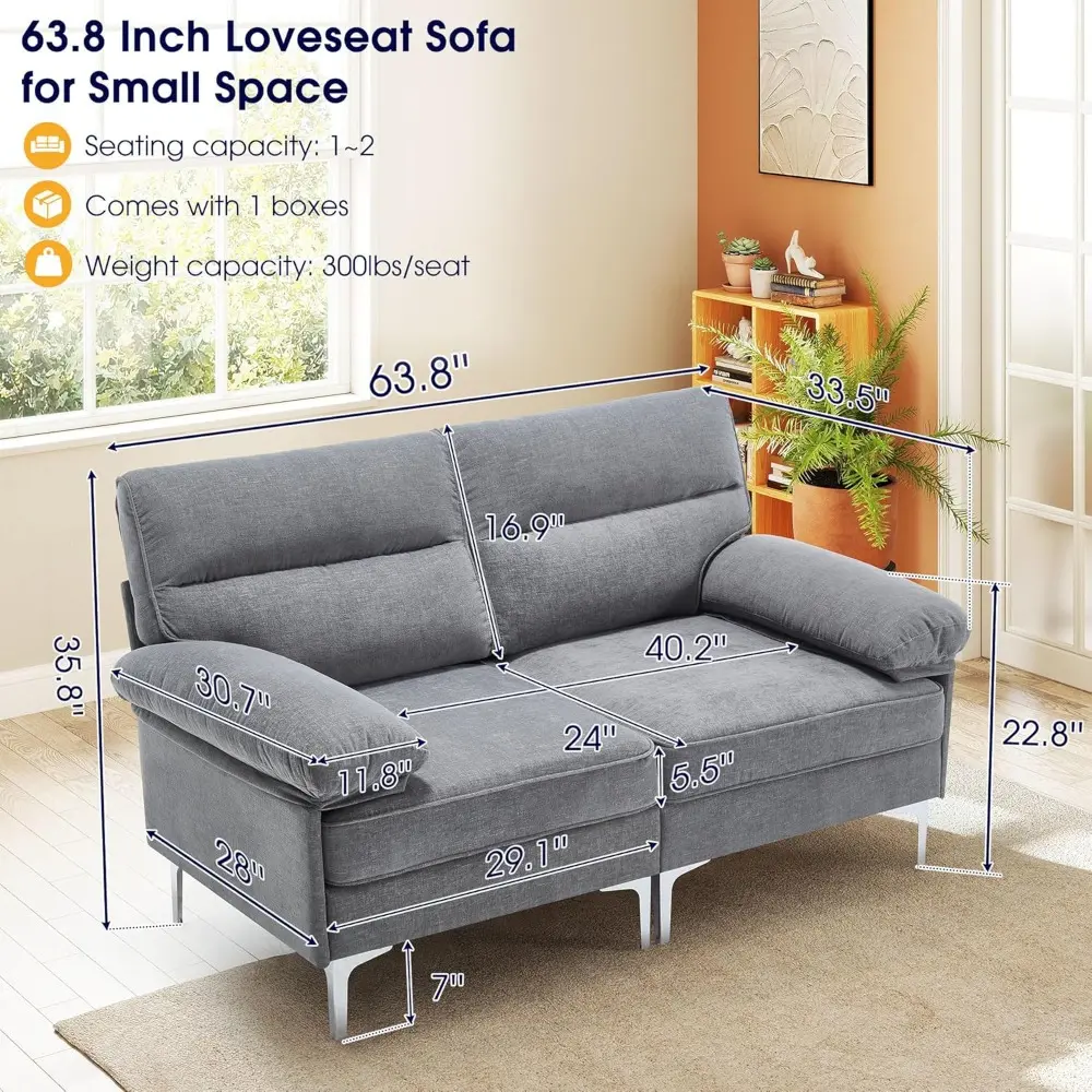 63.8" loveseat sofa for living room, small couch 2 seater love seat, modern chenille fabric sofa with fluffy armrests for apart
